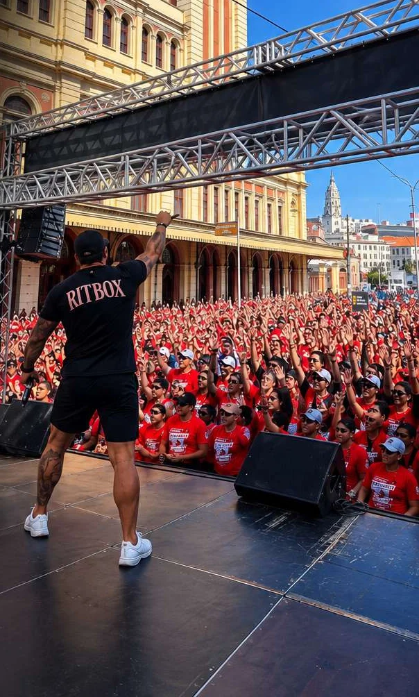 Hayka no palco de um aulão RitBox diante de uma multidão de camiseta vermelha